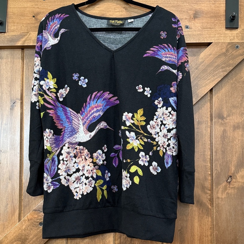 Bob Mackie Wearable Art Black V-Neck Sweater with Artistic Design
